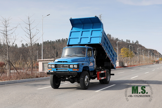 170 hp 4 × 4 Dongfeng Camión volquete azul Camión volquete _ Camiones mineros de una hilera con tracción en las cuatro ruedas y cabeza puntiaguda en venta_Vehículo especial de exportación