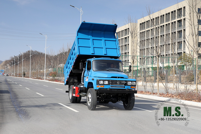 170 hp 4 × 4 Dongfeng Camión volquete azul Camión volquete _ Camiones mineros de una hilera con tracción en las cuatro ruedas y cabeza puntiaguda en venta_Vehículo especial de exportación